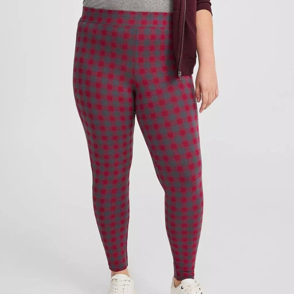 Torrid Leggings 0X Red Gray Plaid Full Length Stretch Cotton Pants Plus New